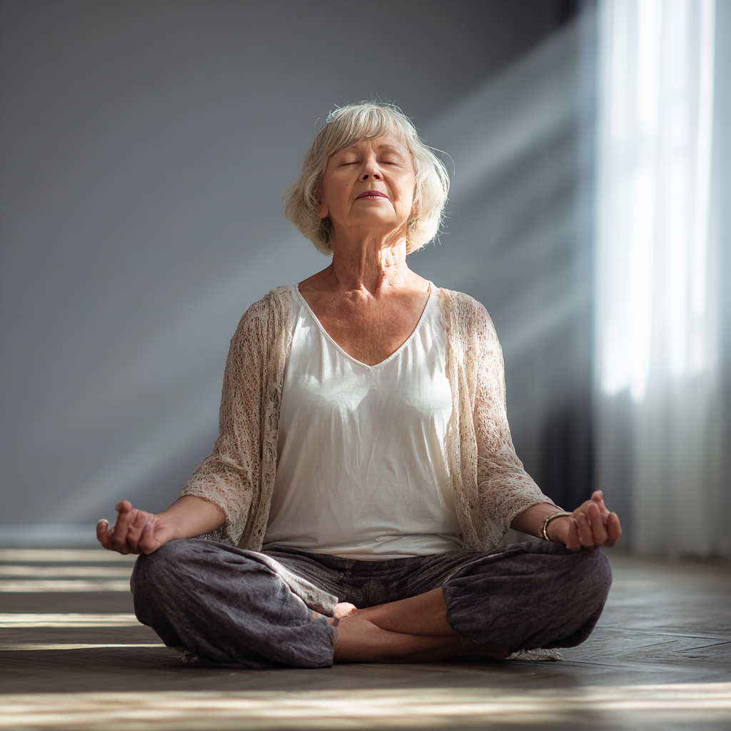 Smiling elderly European woman in comfortable yoga pose, demonstrating proper breathing technique with peaceful expression