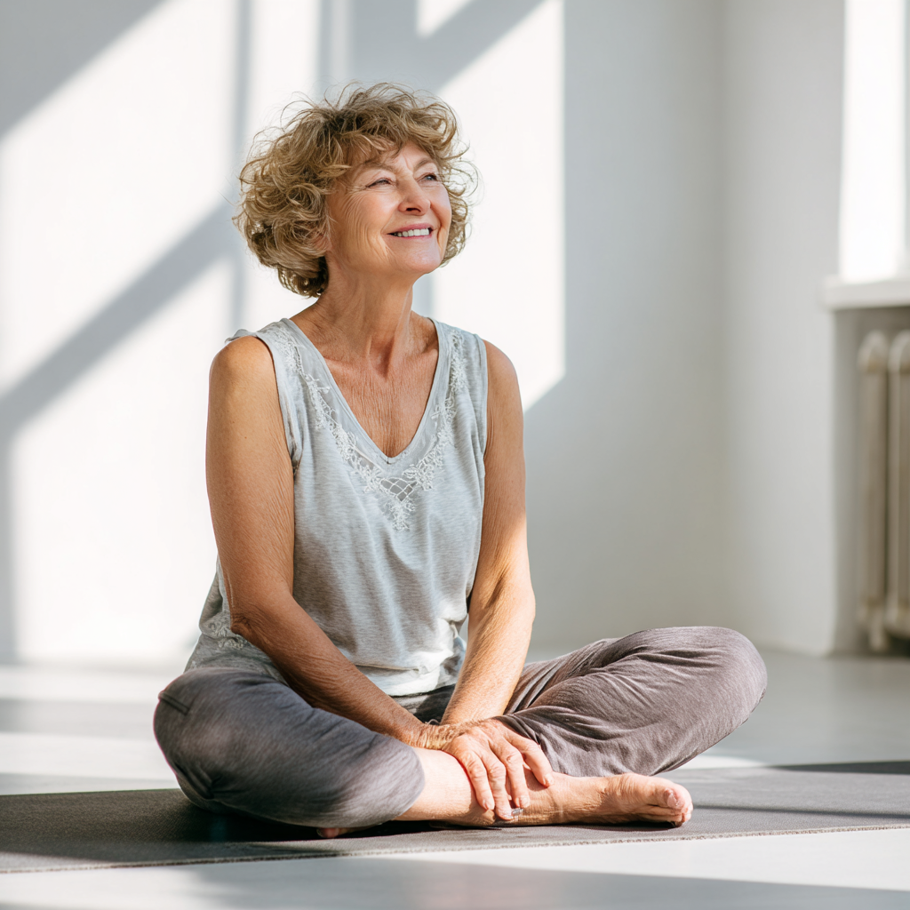 Peaceful elderly European man practicing breathing exercises outdoors, focused and serene expression showing the benefits of yogic breathing