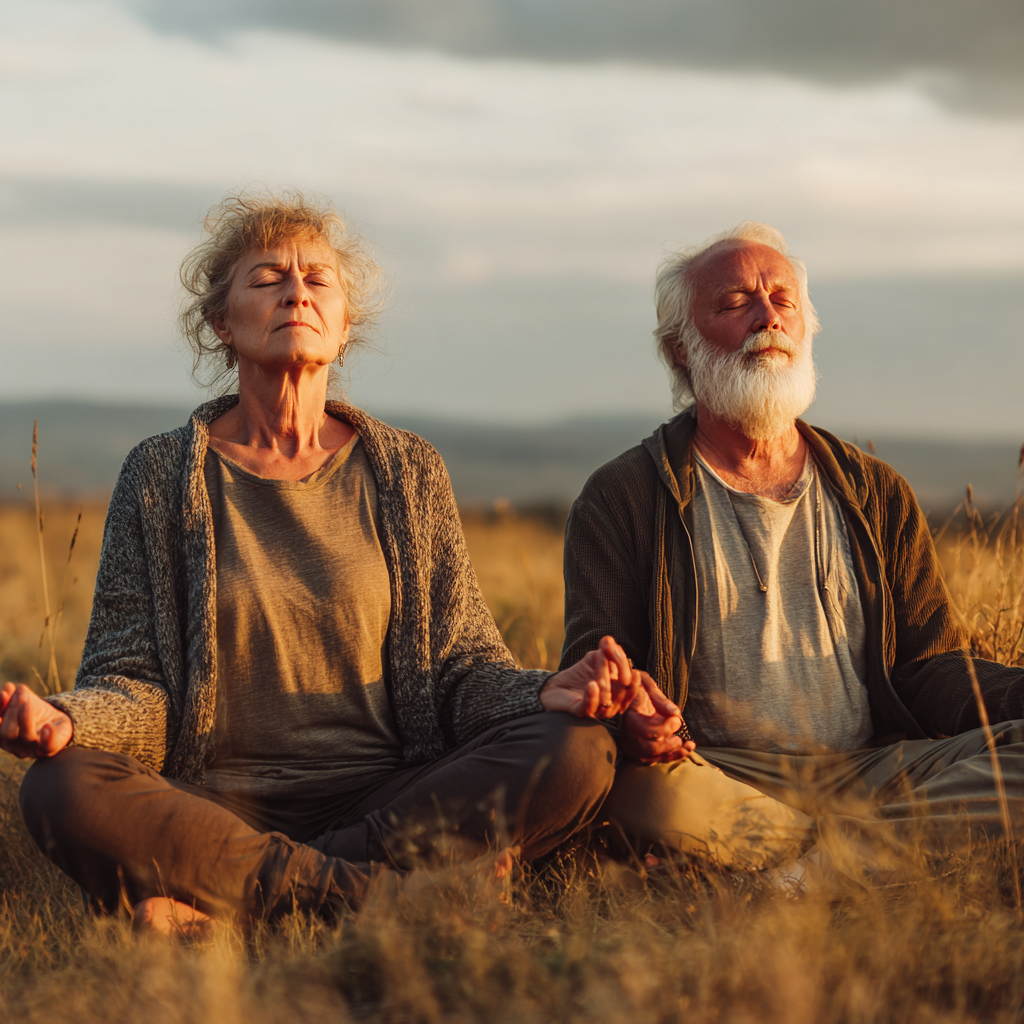 Serene elderly European woman sitting in meditation pose, eyes closed, radiating calm and inner peace in natural lighting